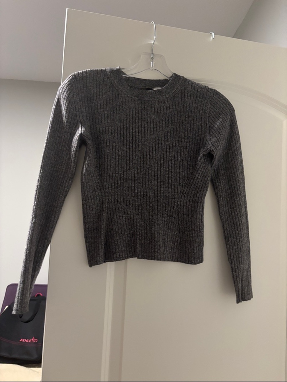 Divided Ribbed Long Sleeve Crop Sweater in Charcoal Gray